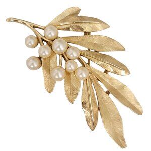 Trifari 1960s Vintage Gold Tone Faux Pearl Leaf Brooch Pin, Signed